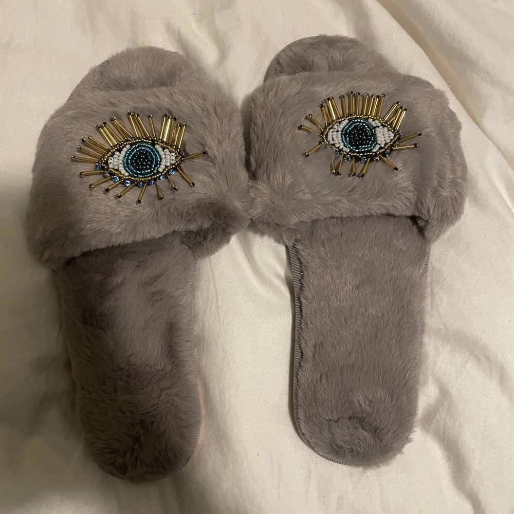 Gray Faux Fur evil Eye Embellished Slippers